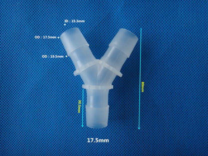 Plastic Y-type barbed tube connector with full dimension specifications, three-way hose splitter fitting
