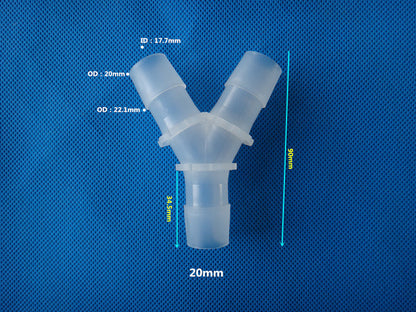 Large plastic Y-shaped barbed tube connector with ID and OD dimension labels, three-way hose fitting
