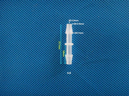 Plastic equal barb fitting for chemical resistant flexible tubing
