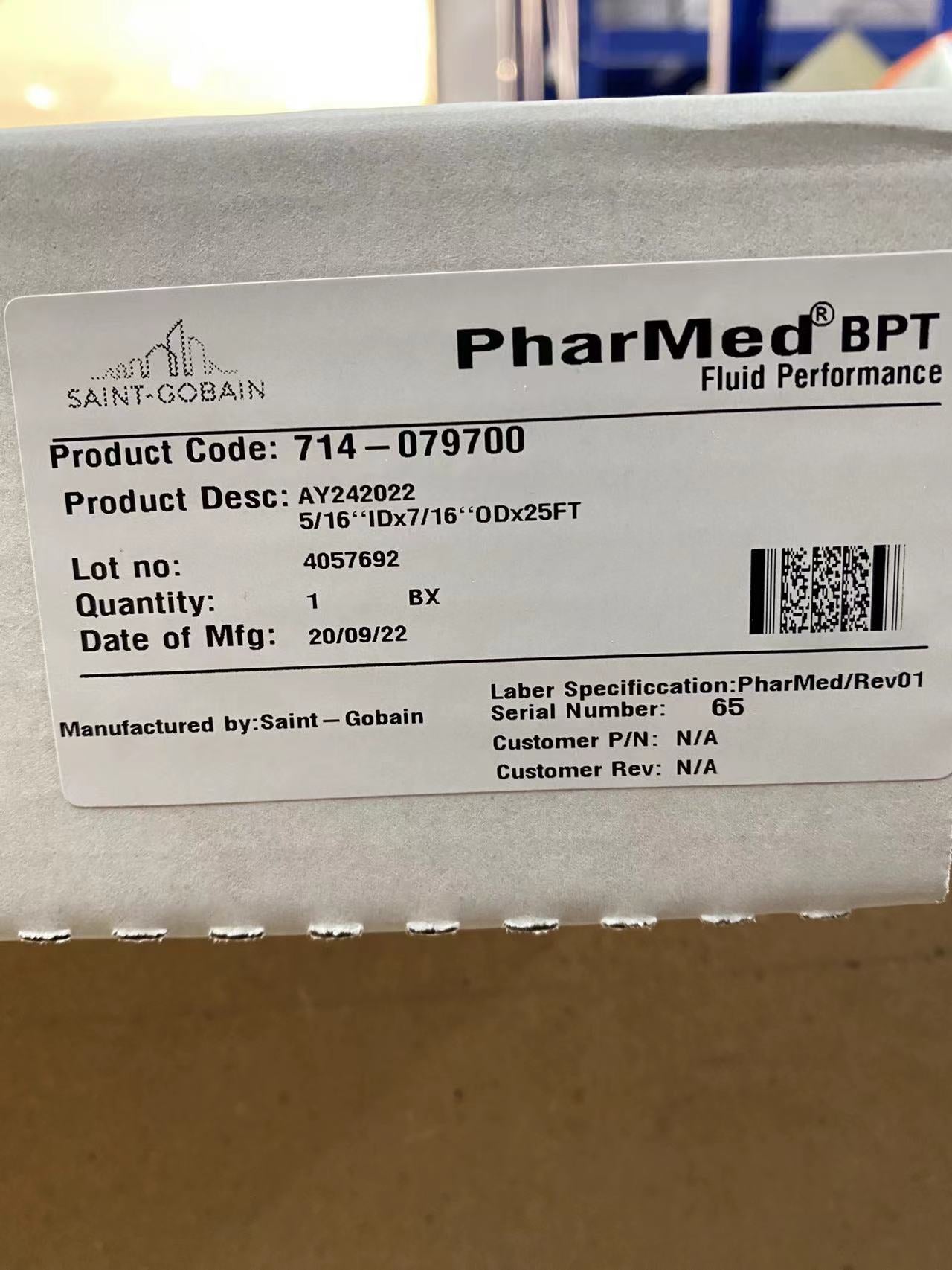 Saint-Gobain PharMed BPT Pump Tubing Product Label AY242022 5/16"ID x 7/16"OD x 25FT Product Code 714-079700 Fluid Performance Specification
