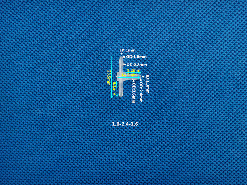 T-Type Reducing Tee Barb Connector 1.6-2.4-1.6mm ID OD Dimensions Plastic Hose Fitting Size Chart

