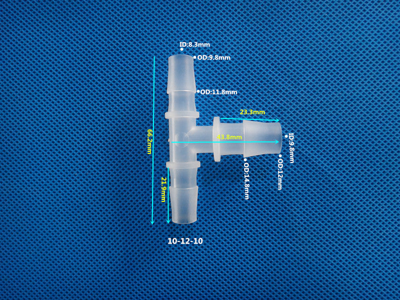 T-Type Reducing Tee Barb Connector 10-12-10mm ID 8.3mm OD 9.8mm Dimensions Plastic Hose Fitting Size Chart
