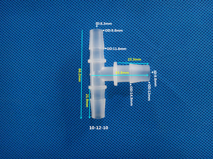 T-Type Reducing Tee Barb Connector 10-12-10mm ID 8.3mm OD 9.8mm Dimensions Plastic Hose Fitting Size Chart
