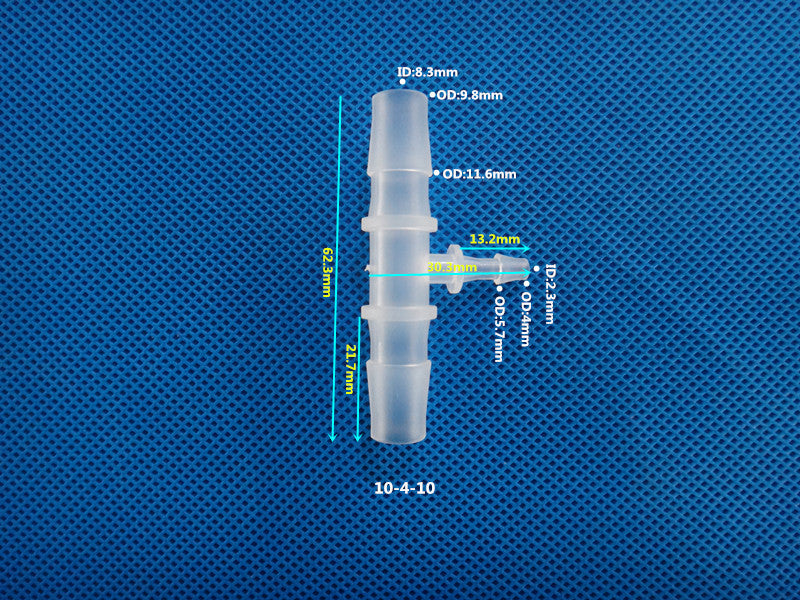 T-Type Reducing Tee Barb Connector 10-4-10mm ID 8.3mm OD 9.8mm Dimensions Plastic Hose Fitting Size Chart
