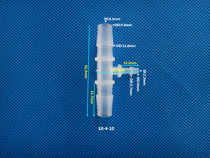 T-Type Reducing Tee Barb Connector 10-4-10mm ID 8.3mm OD 9.8mm Dimensions Plastic Hose Fitting Size Chart
