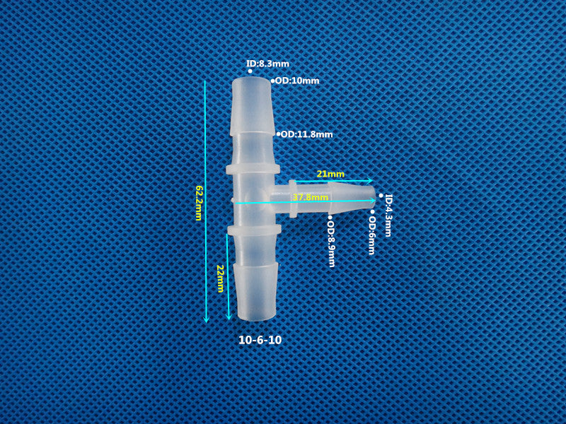 T-Type Reducing Tee Barb Connector 10-6-10mm ID 8.3mm OD 10mm Dimensions Plastic Hose Fitting Size Chart
