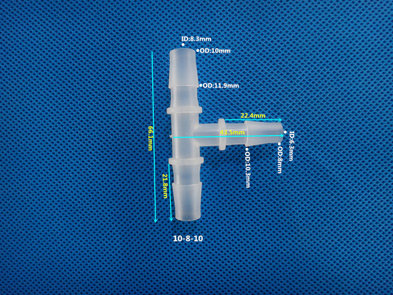 T-Type Reducing Tee Barb Connector 10-8-10mm ID 8.3mm OD 10mm Dimensions Plastic Hose Fitting Size Chart
