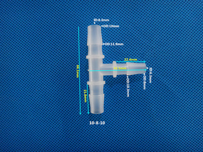 T-Type Reducing Tee Barb Connector 10-8-10mm ID 8.3mm OD 10mm Dimensions Plastic Hose Fitting Size Chart
