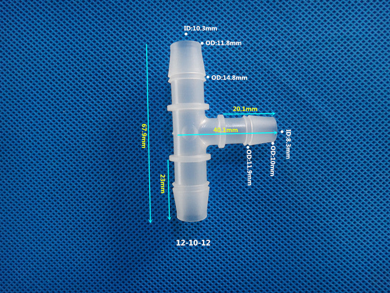 T-Type Reducing Tee Barb Connector 12-10-12mm ID 10.3mm OD 14.8mm Dimensions Plastic Hose Fitting Size Chart
