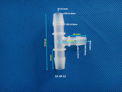 T-Type Reducing Tee Barb Connector 12-10-12mm ID 10.3mm OD 14.8mm Dimensions Plastic Hose Fitting Size Chart
