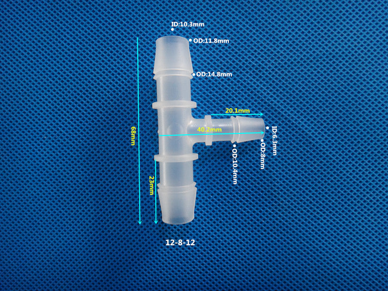 T-Type Reducing Tee Barb Connector 12-8-12mm ID 10.3mm OD 14.8mm Dimensions Plastic Hose Fitting Size Chart
