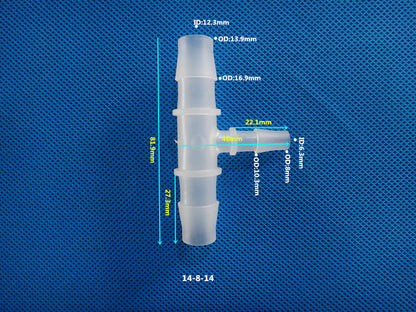T-Type Reducing Tee Barb Connector 14-8-14mm ID 12.3mm OD 16.9mm Dimensions Plastic Hose Fitting Size Chart
