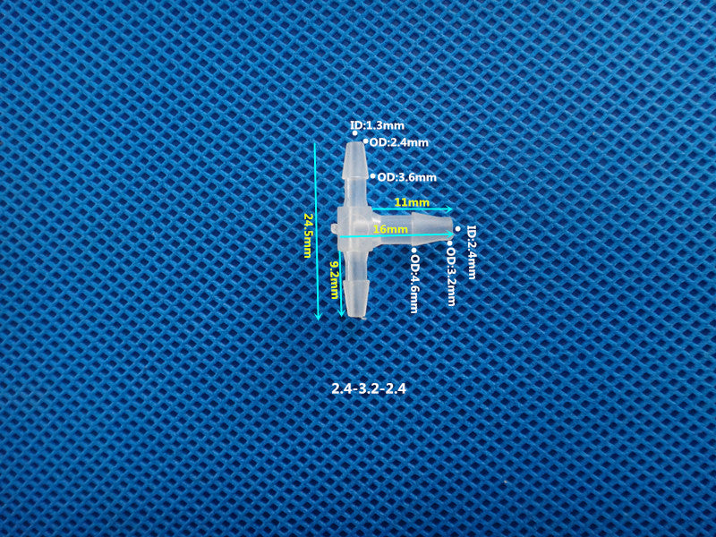 T-Type Reducing Tee Barb Connector 2.4-3.2-2.4mm ID OD Dimensions Plastic Hose Fitting Size Chart
