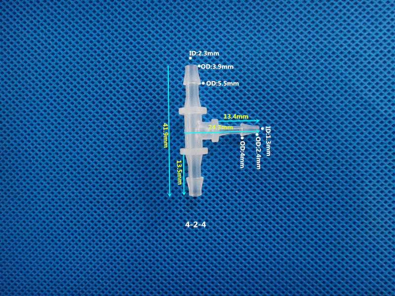T-Type Reducing Tee Barb Connector 4-2-4mm ID OD Dimensions Plastic Hose Fitting Size Chart
