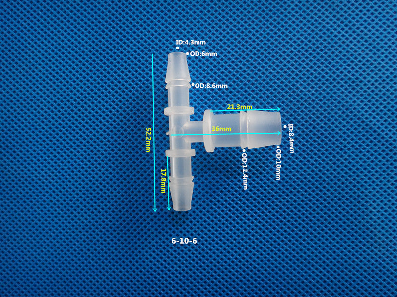 T-Type Reducing Tee Barb Connector 6-10-6mm ID OD Dimensions Plastic Hose Fitting Size Chart
