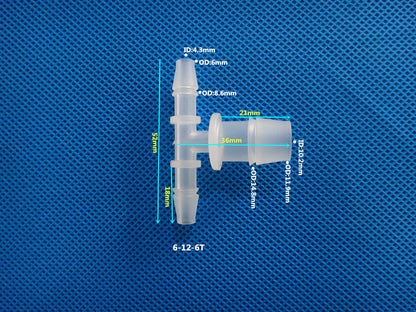 T-Type Reducing Tee Barb Connector 6-12-6mm ID 4.3mm OD 6mm Dimensions Plastic Hose Fitting Size Chart
