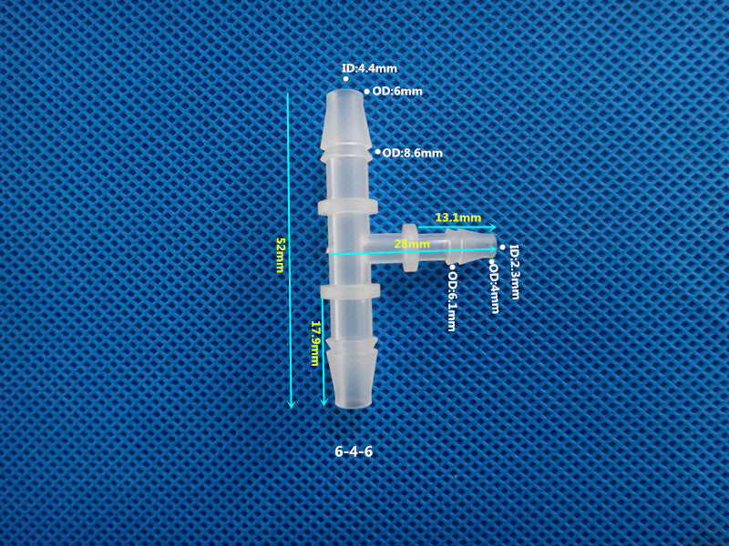 T-Type Reducing Tee Barb Connector 6-4-6mm ID OD Dimensions Plastic Hose Fitting Size Chart
