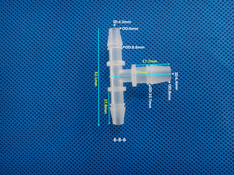 T-Type Reducing Tee Barb Connector 6-8-6mm ID OD Dimensions Plastic Hose Fitting Size Chart
