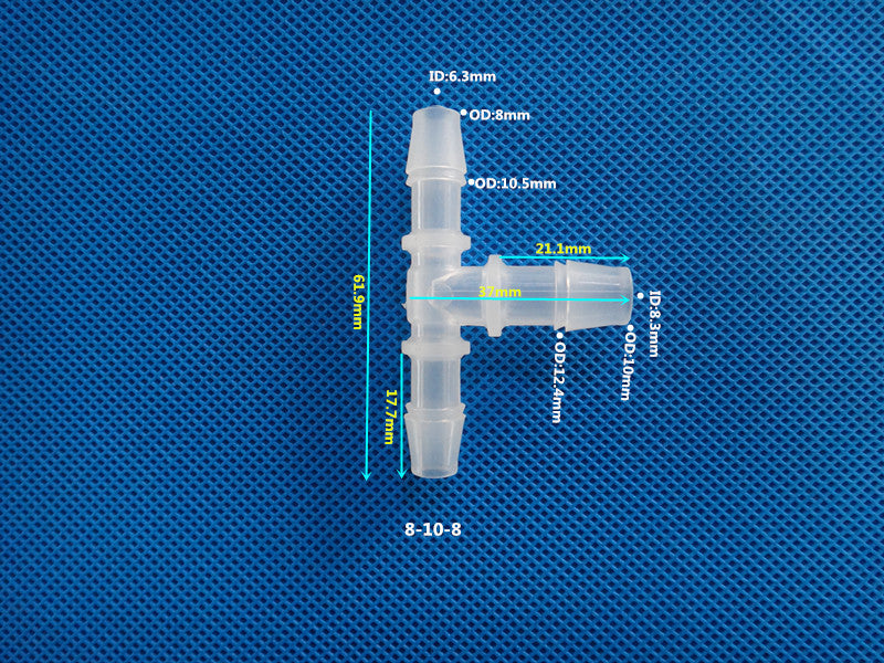 T-Type Reducing Tee Barb Connector 8-10-8mm ID OD Dimensions Plastic Hose Fitting Size Chart
