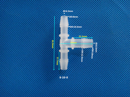 T-Type Reducing Tee Barb Connector 8-10-8mm ID OD Dimensions Plastic Hose Fitting Size Chart
