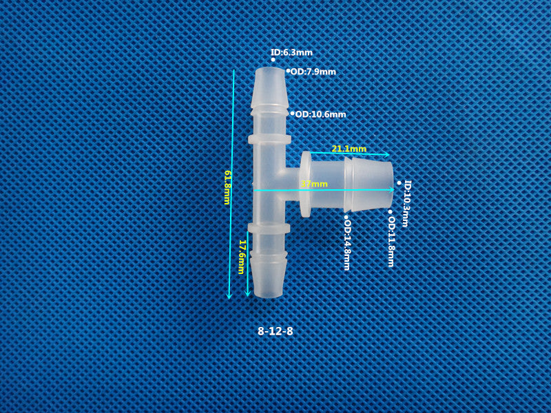T-Type Reducing Tee Barb Connector 8-12-8mm ID OD Dimensions Plastic Hose Fitting Size Chart
