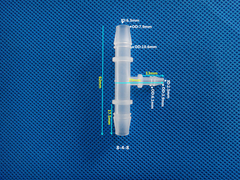 T-Type Reducing Tee Barb Connector 8-4-8mm ID 6.3mm OD 7.9mm Dimensions Plastic Hose Fitting Size Chart
