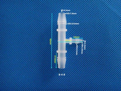 T-Type Reducing Tee Barb Connector 8-4-8mm ID 6.3mm OD 7.9mm Dimensions Plastic Hose Fitting Size Chart
