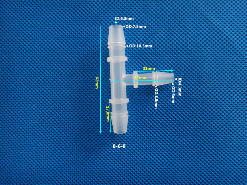 T-Type Reducing Tee Barb Connector 8-6-8mm ID OD Dimensions Plastic Hose Fitting Size Chart
